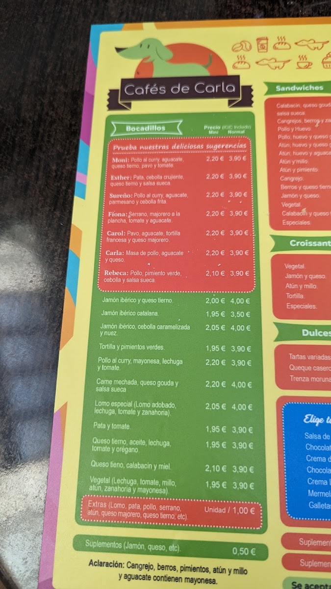 Cafés de Carla menu board