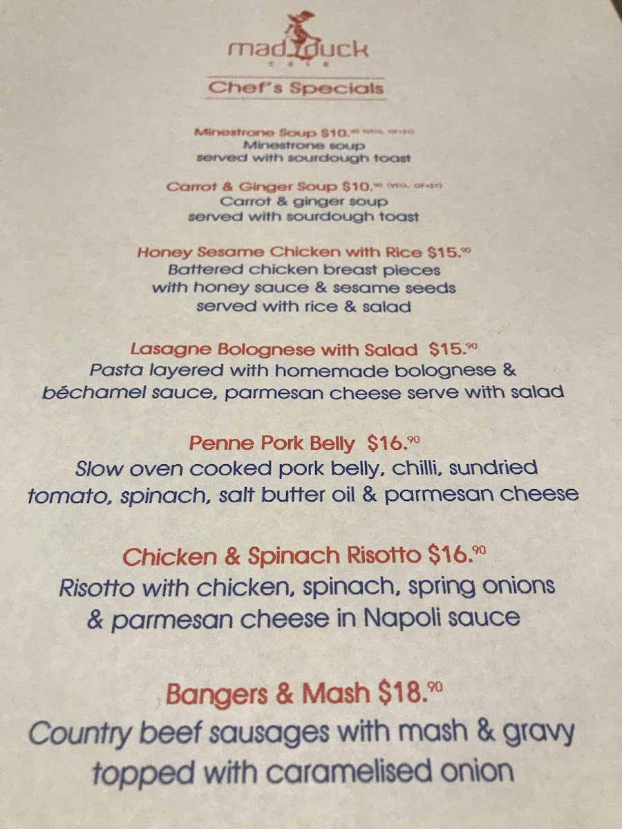 Mad Duck Cafe menu board