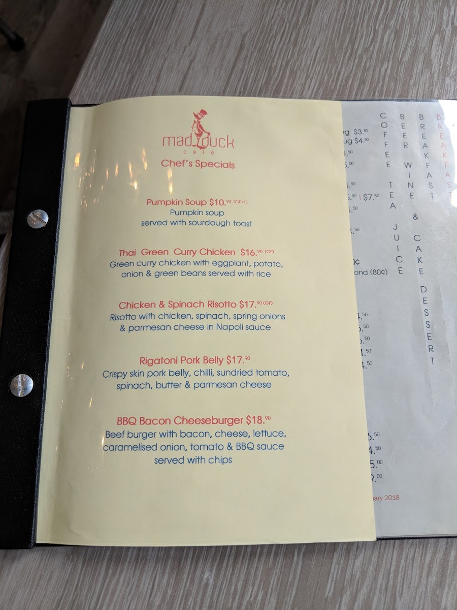 Mad Duck Cafe menu board