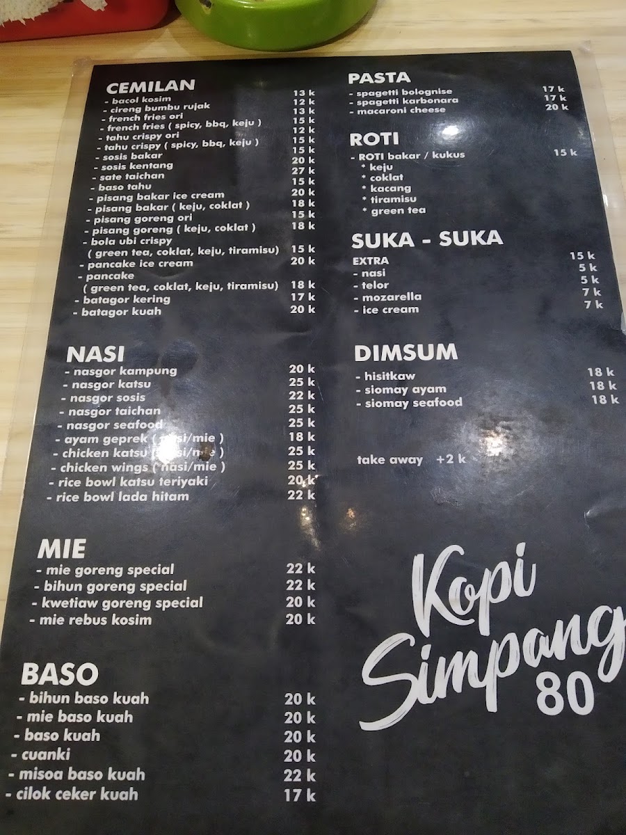 Kopi Simpang 80 menu board