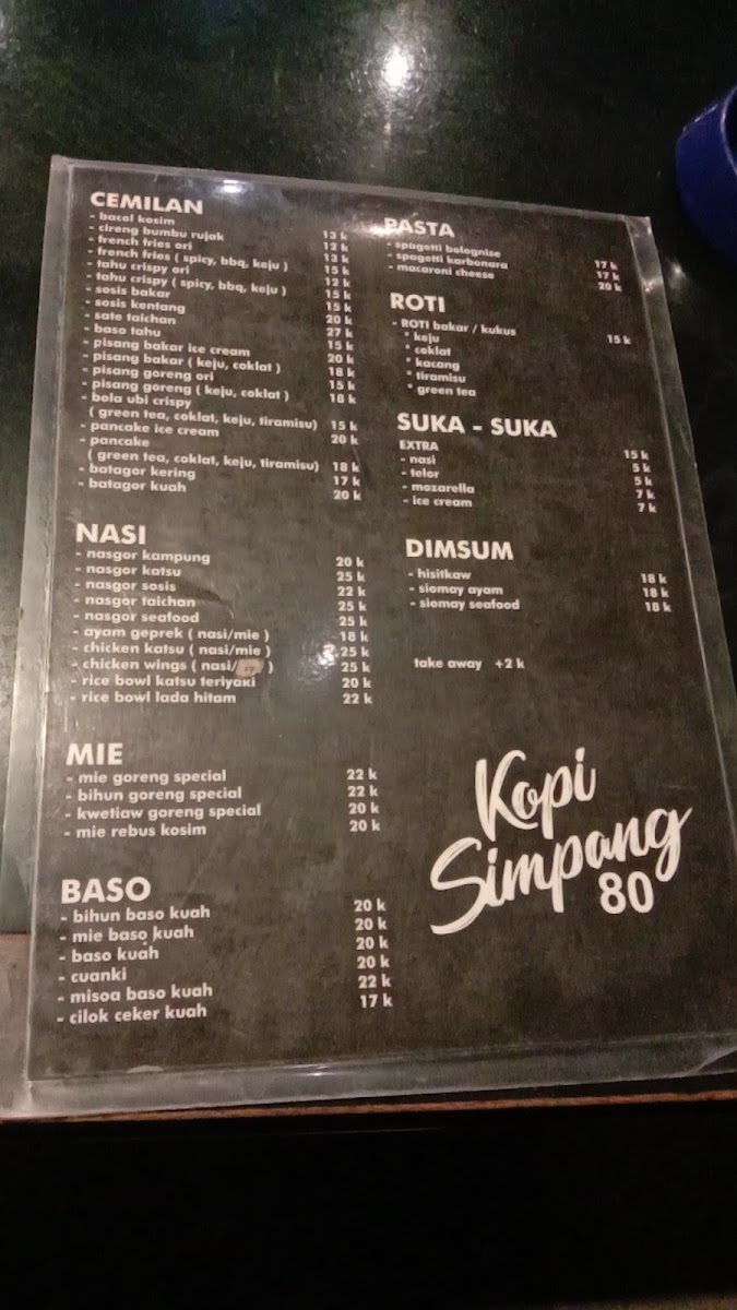 Kopi Simpang 80 menu board