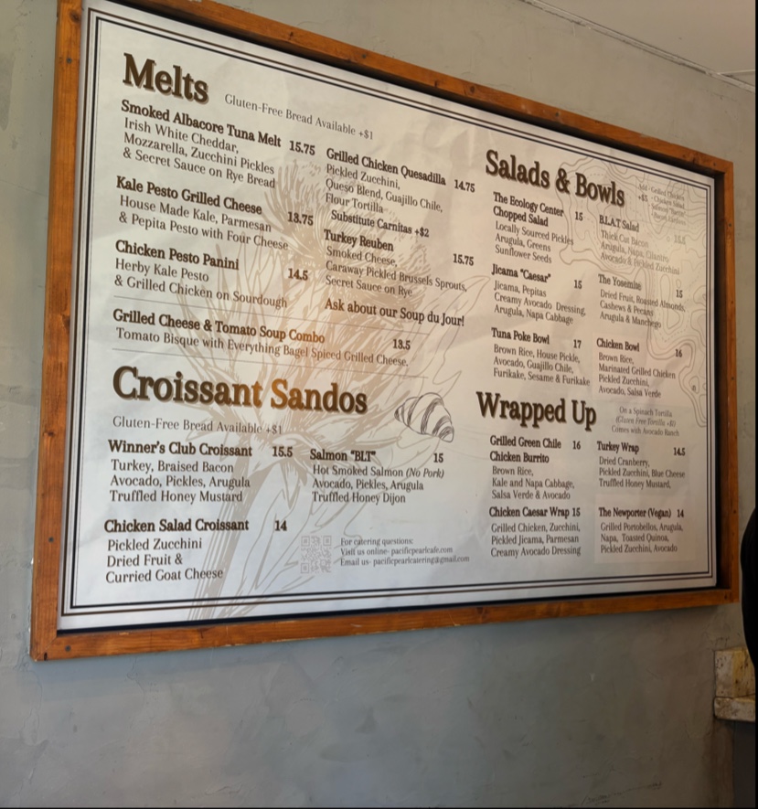 Pacific Pearl Cafe menu board