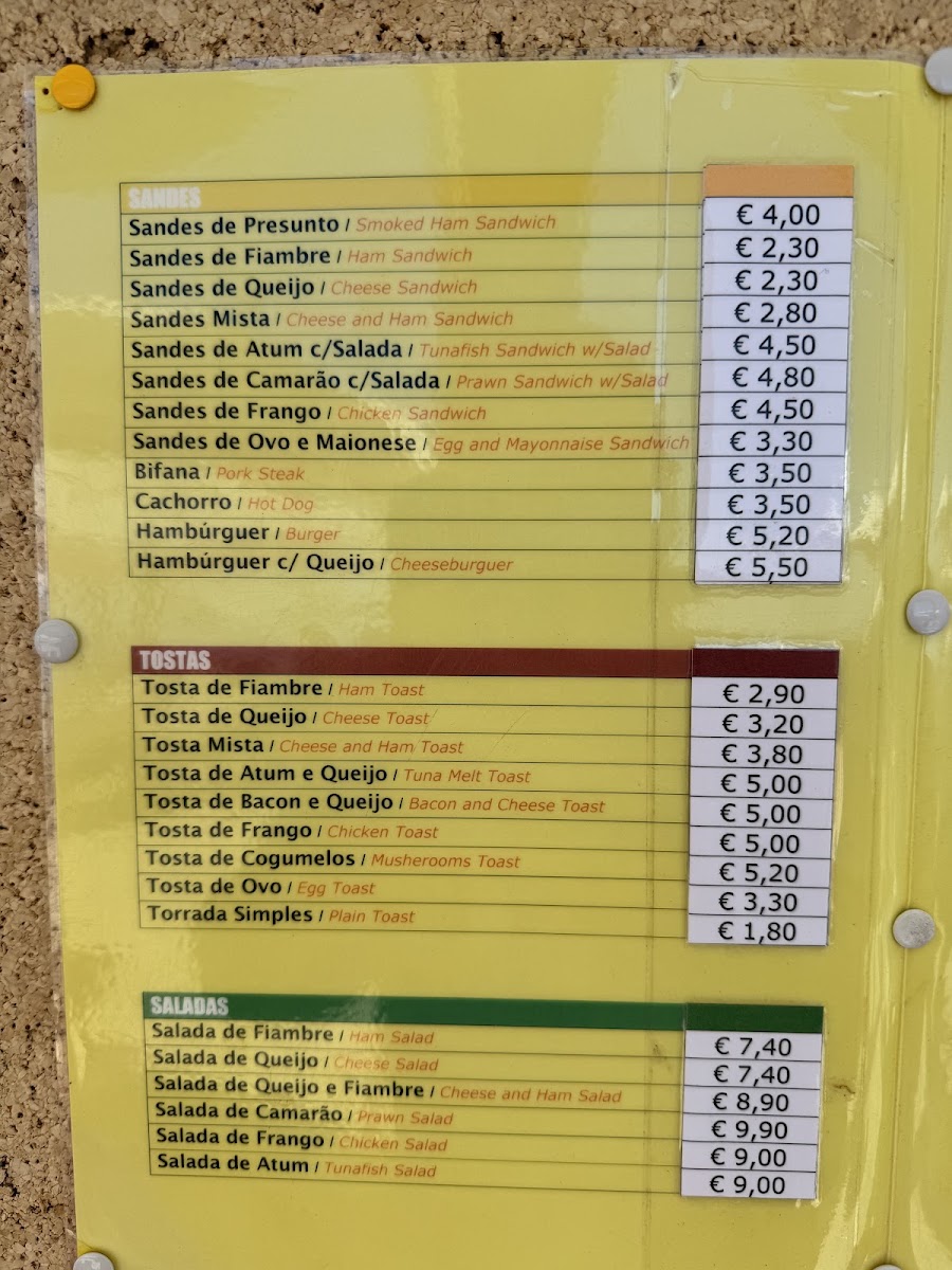 Snack-Bar, Cafetaria O Planalto da Fóia menu board