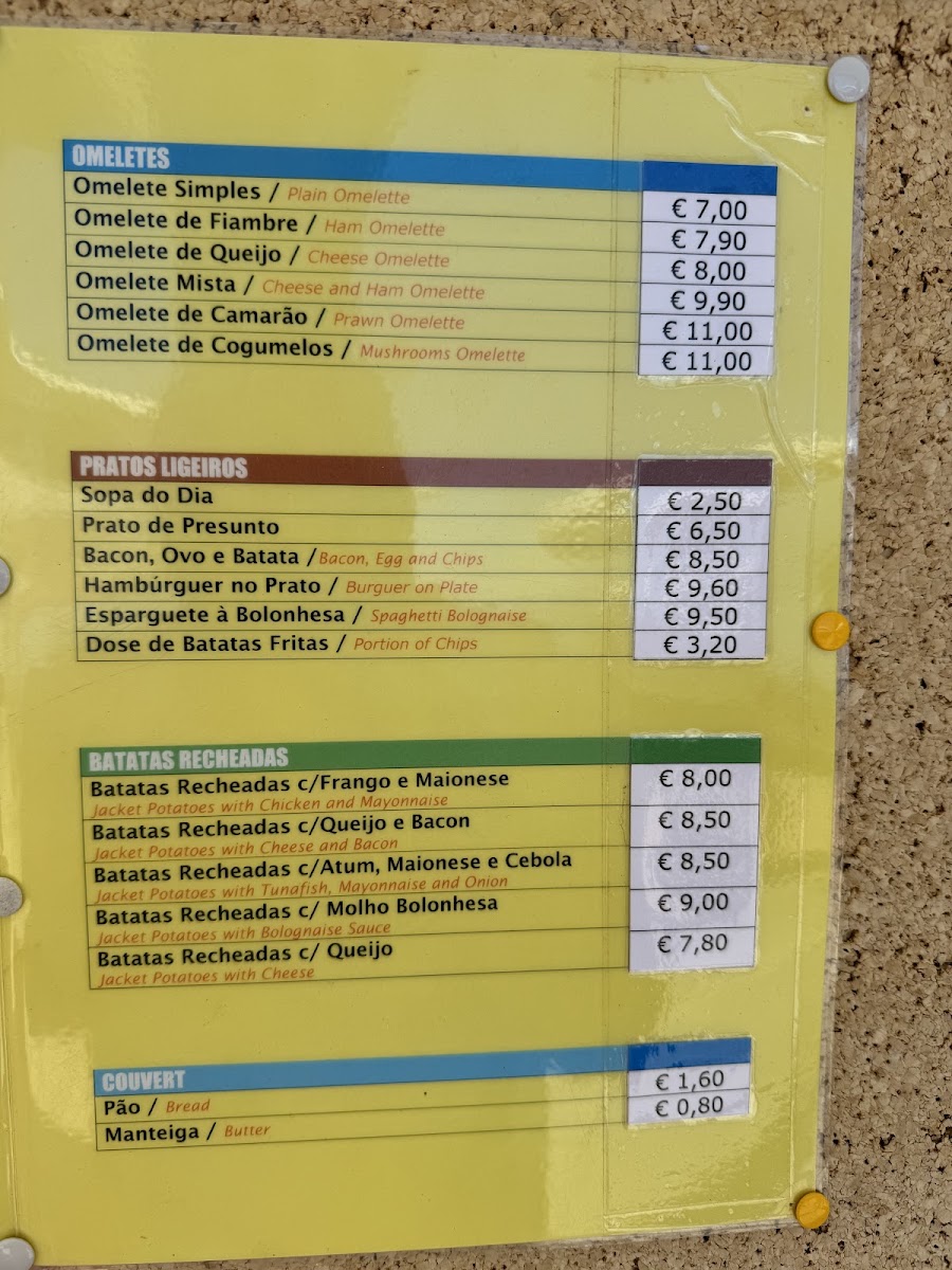 Snack-Bar, Cafetaria O Planalto da Fóia menu board