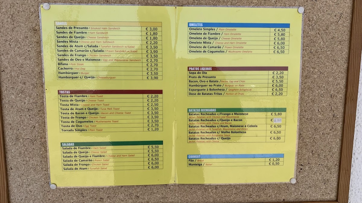 Snack-Bar, Cafetaria O Planalto da Fóia menu board