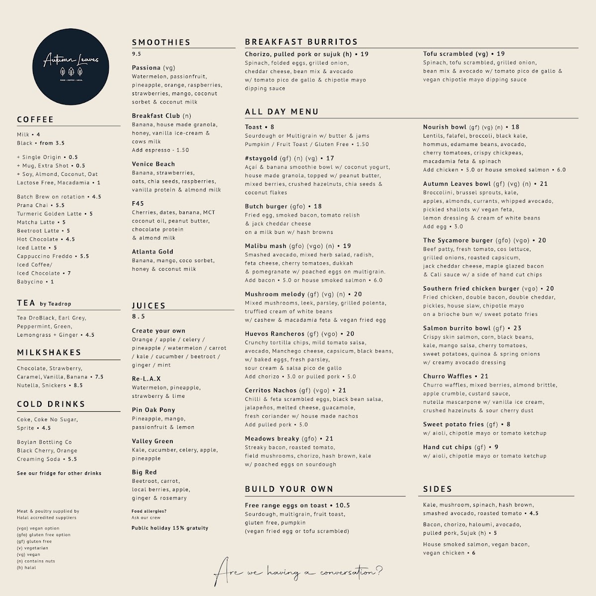 Autumn Leaves Melbourne menu board