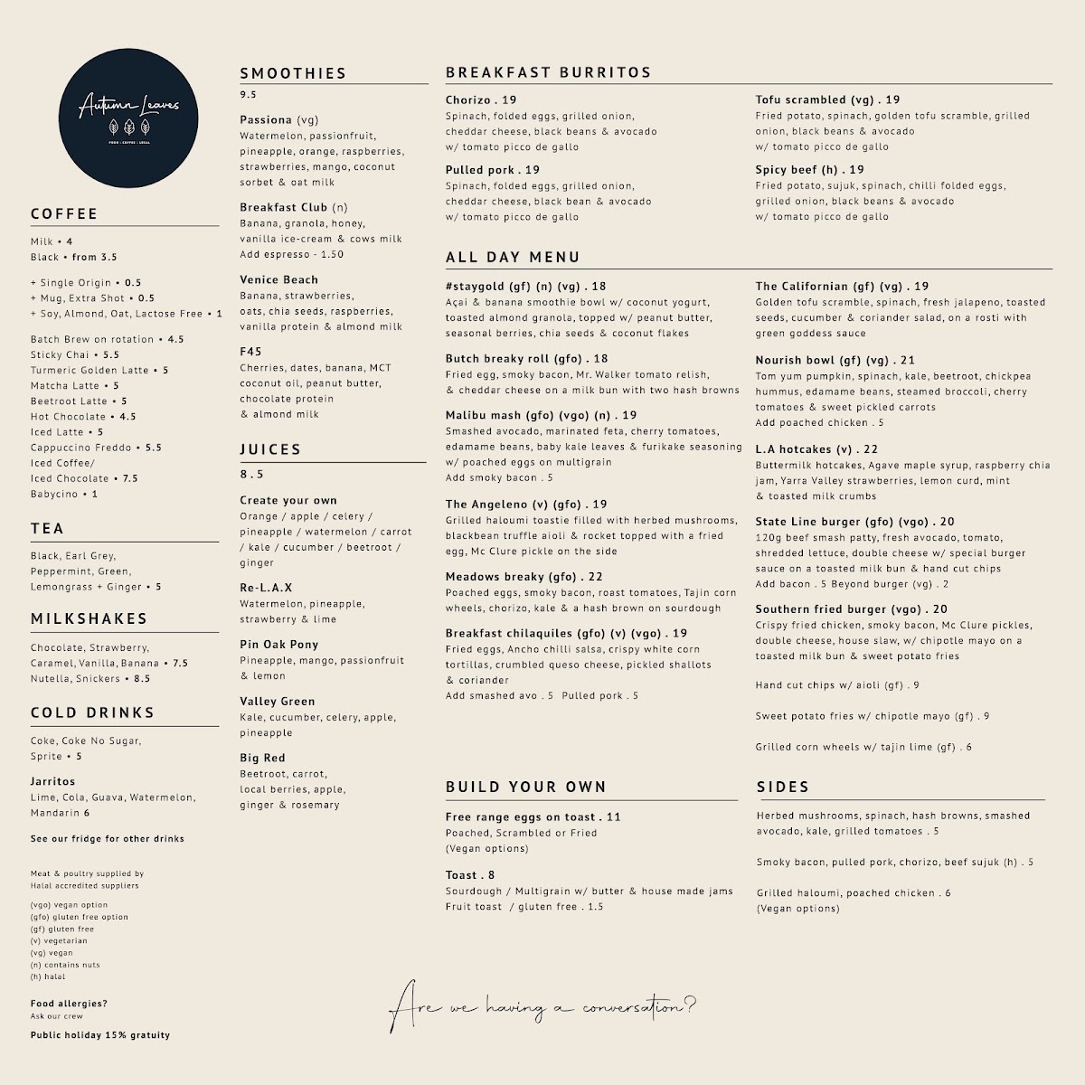 Autumn Leaves Melbourne menu board