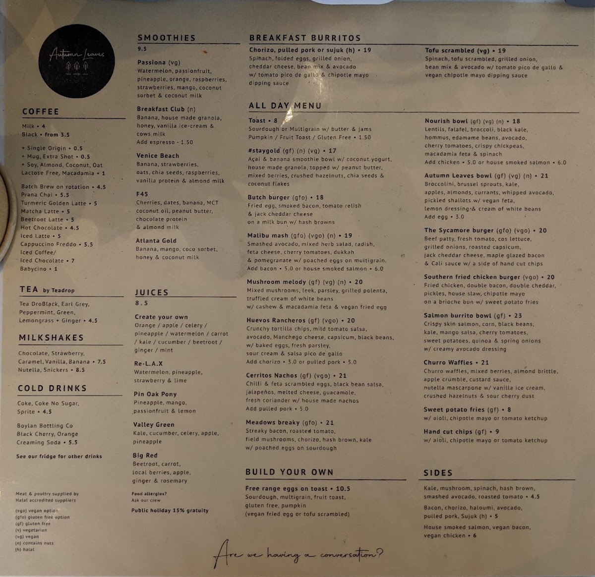 Autumn Leaves Melbourne menu board