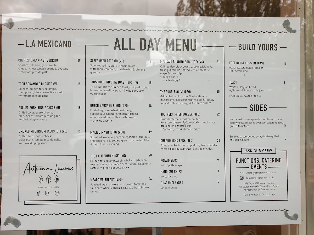 Autumn Leaves Melbourne menu board