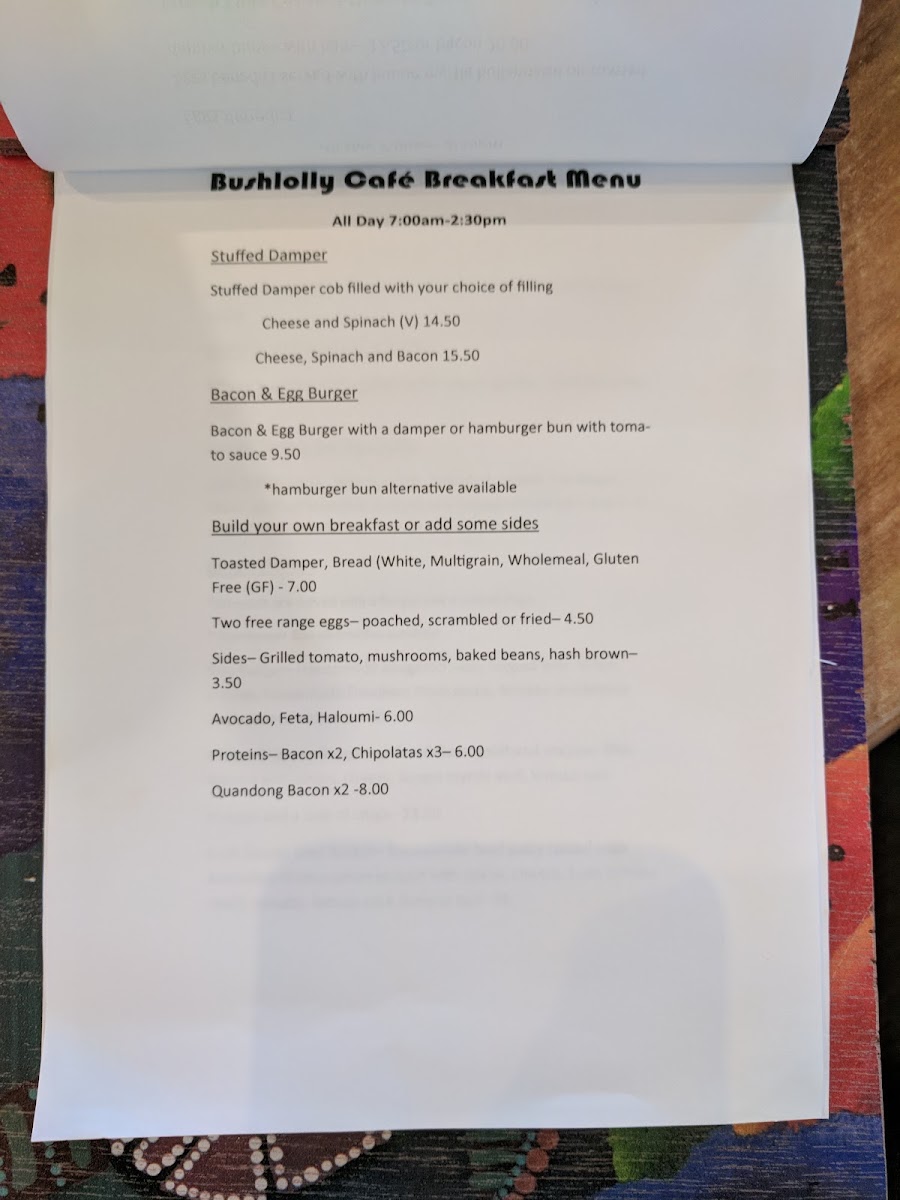Bushlolly Cafe menu board