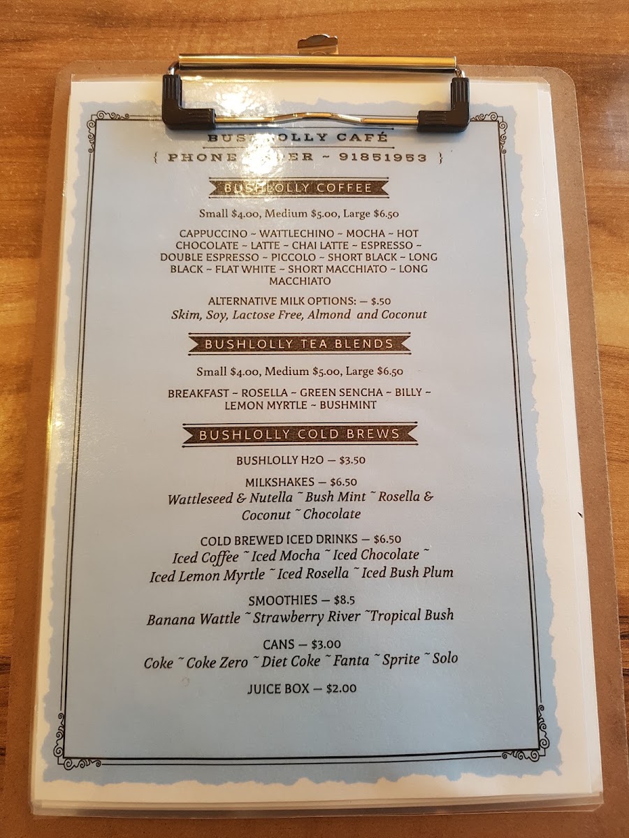 Bushlolly Cafe menu board