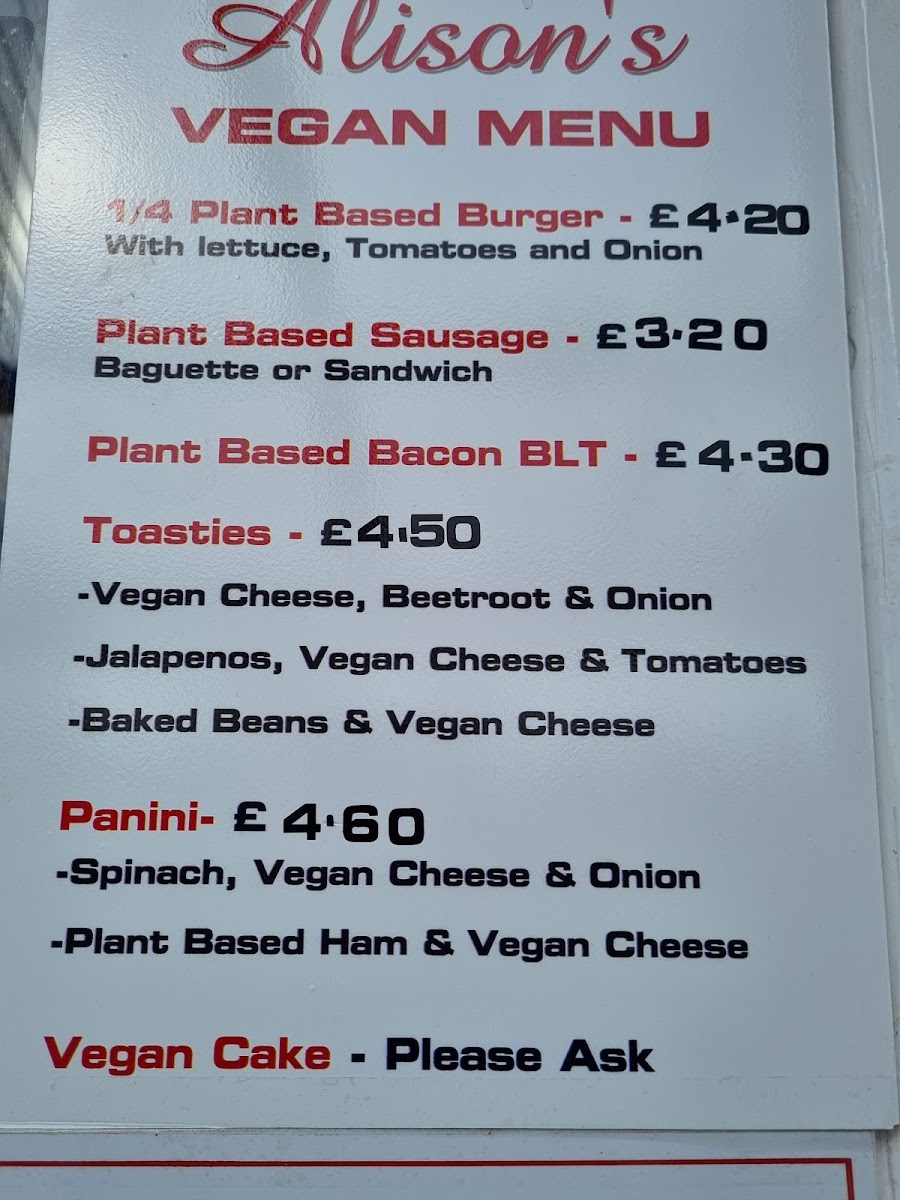 Alison's Sea View Cafe menu board