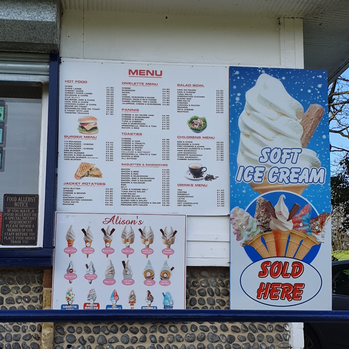 Alison's Sea View Cafe menu board