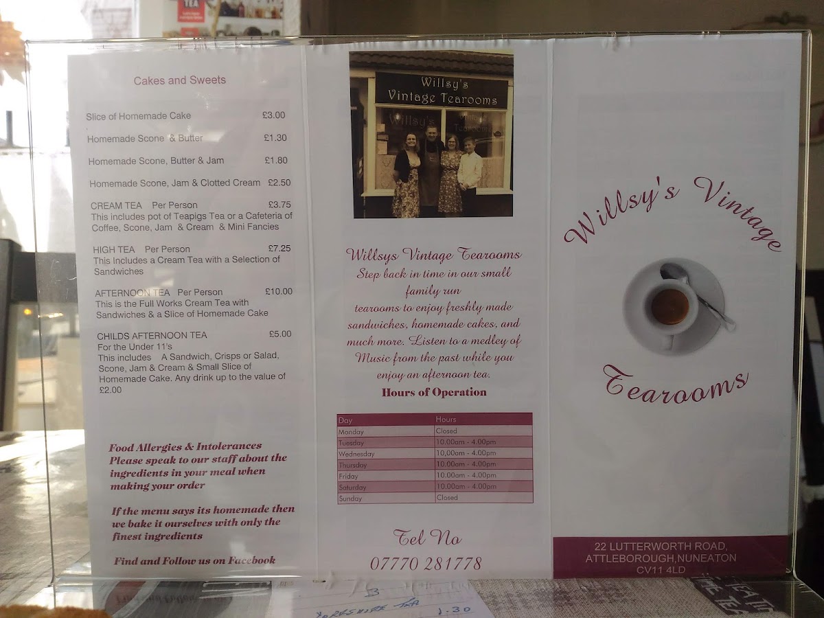 Willsy's Vintage Tearooms menu board