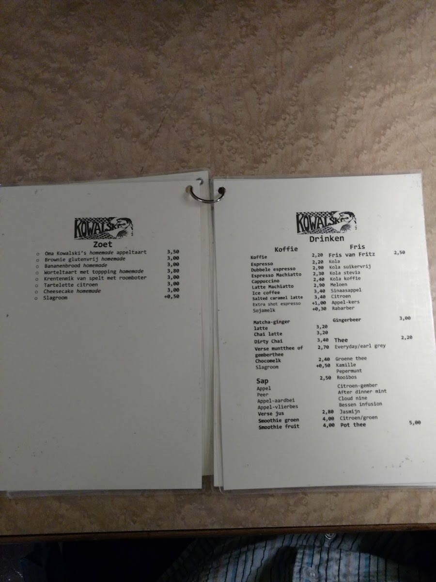 Kowalski Comfort Store menu board