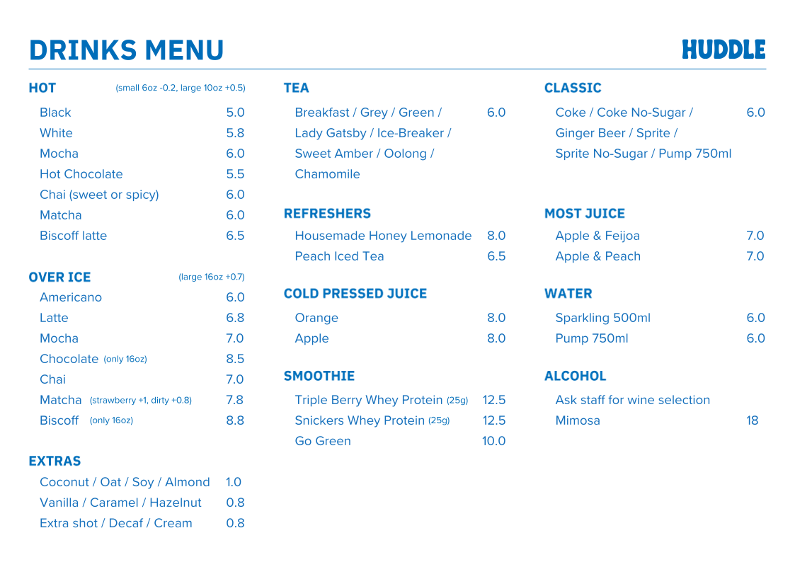 Huddle Cafe menu board