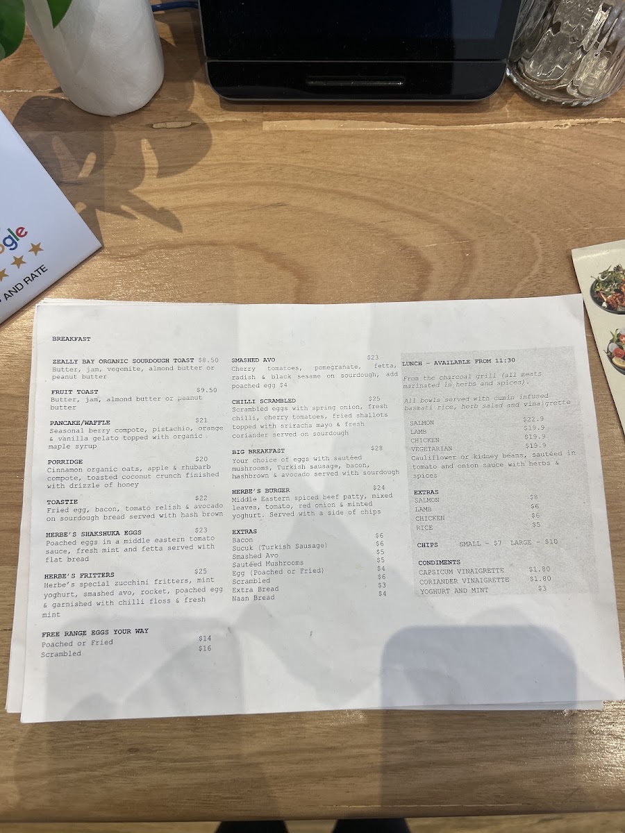 Herbe Cafe menu board