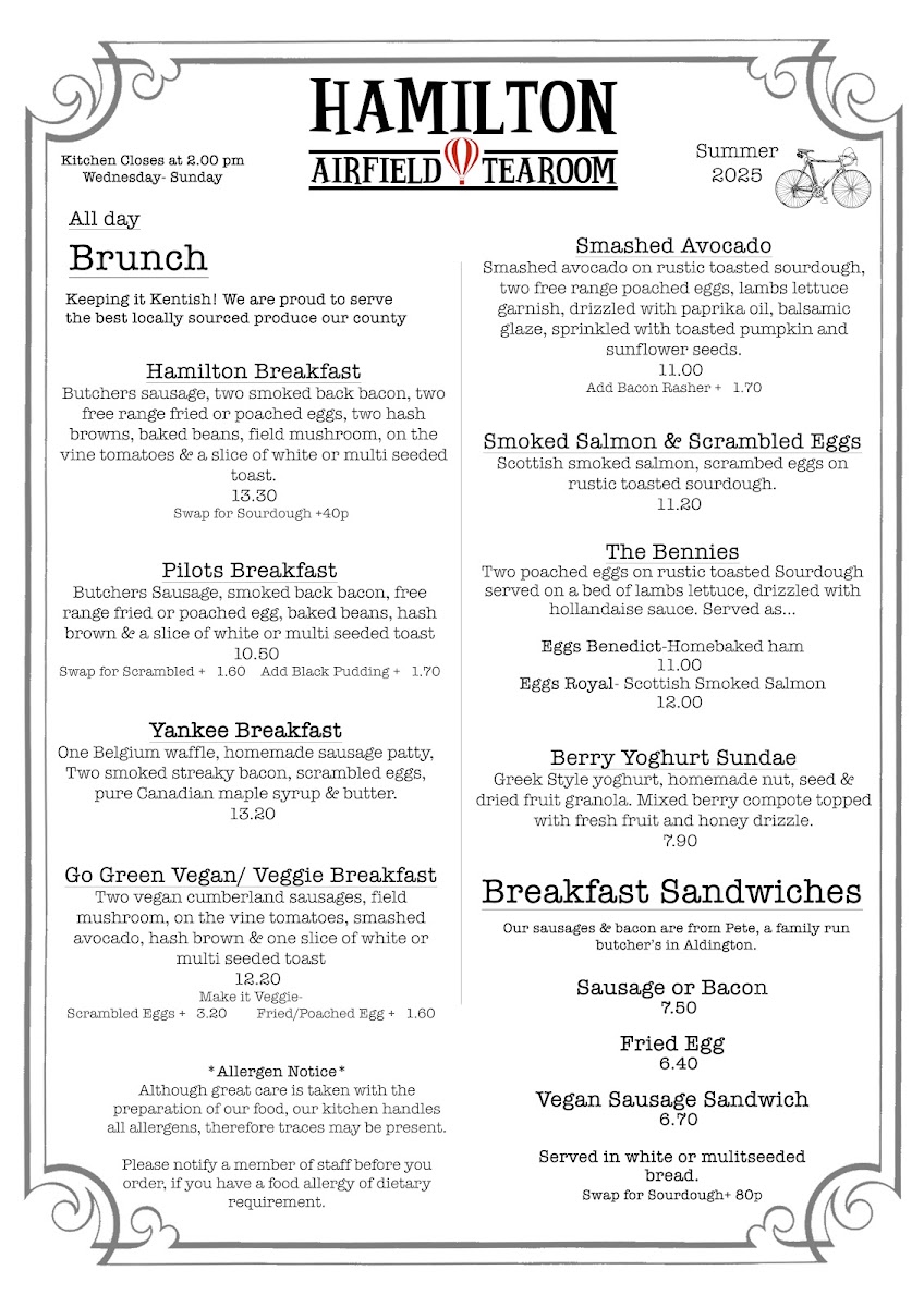 Hamilton Airfield Tearoom menu board