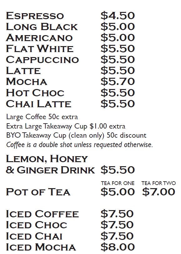 Milligans Cafe & Store menu board