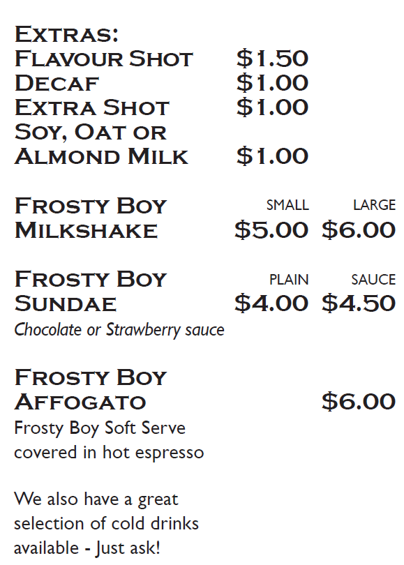 Milligans Cafe & Store menu board