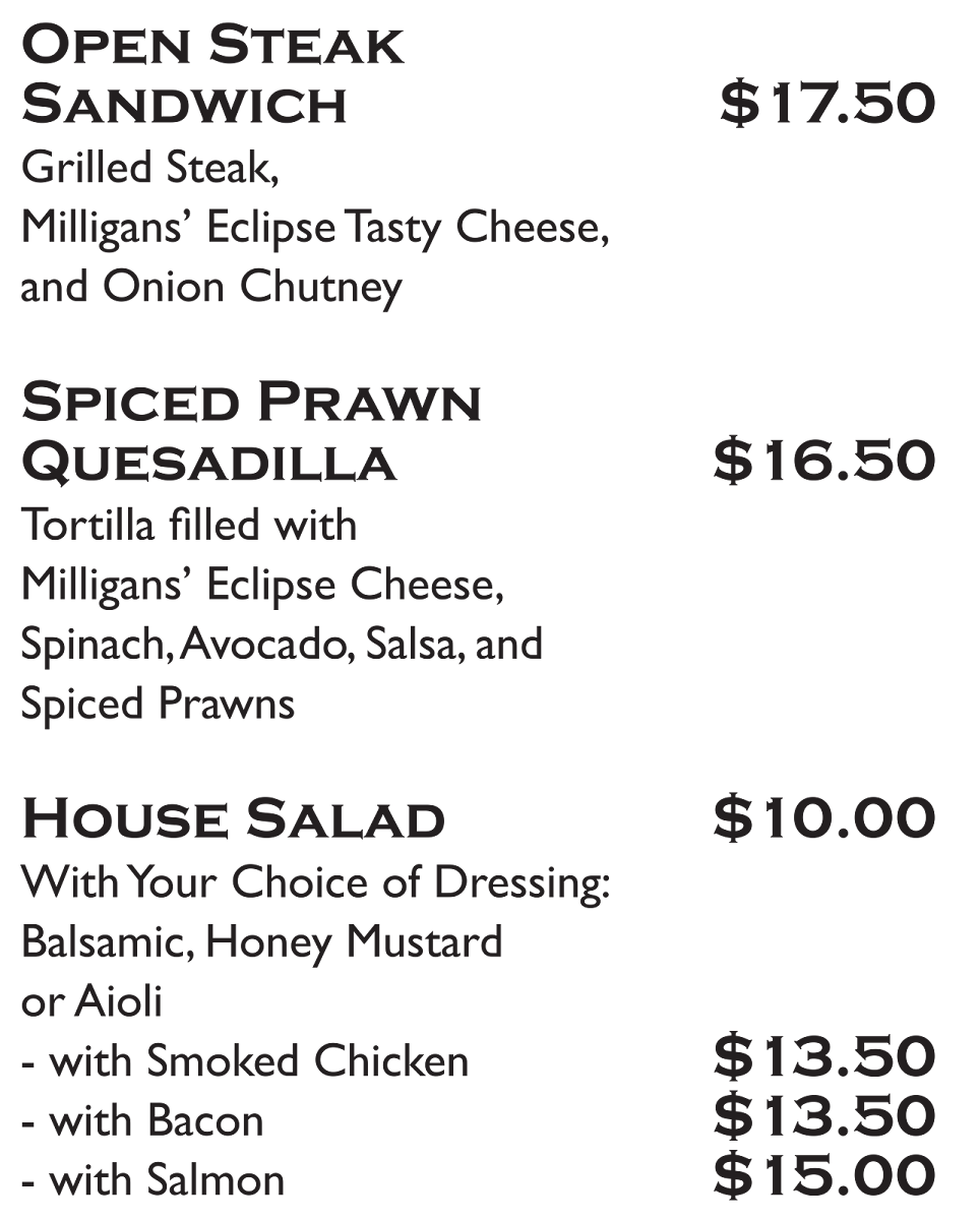 Milligans Cafe & Store menu board