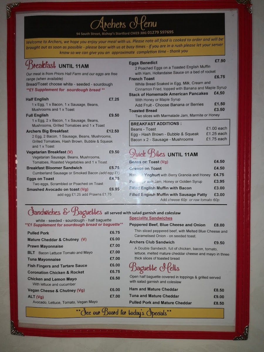 Archers Tea Room & Coffee house menu board