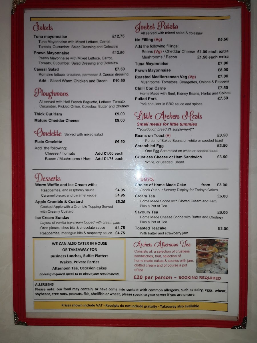 Archers Tea Room & Coffee house menu board
