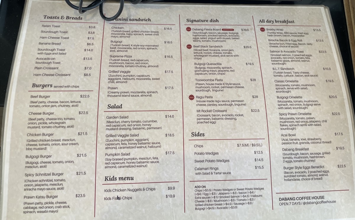 Dabang Coffee House menu board