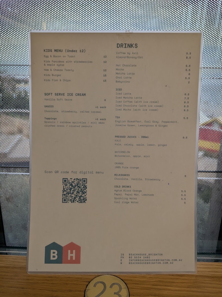 Beach House Brighton menu board