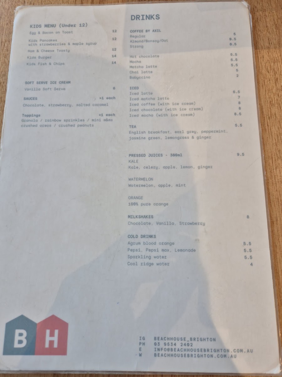 Beach House Brighton menu board