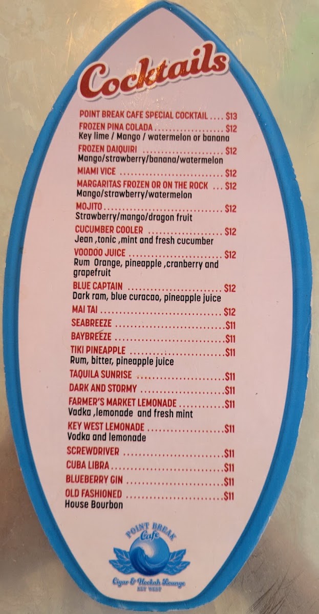 Point Break Café Key West menu board