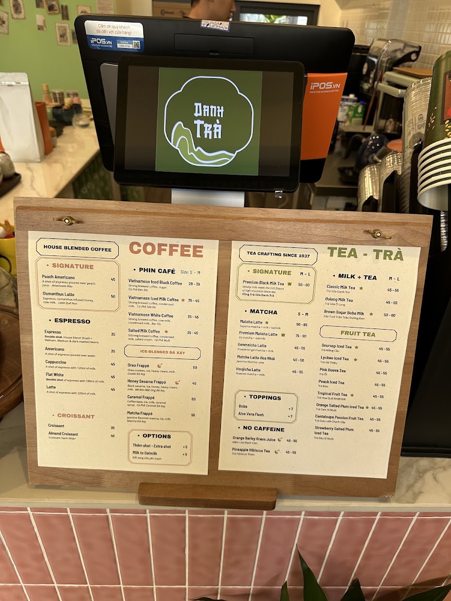 Danh Trà Coffee & Tea House menu board