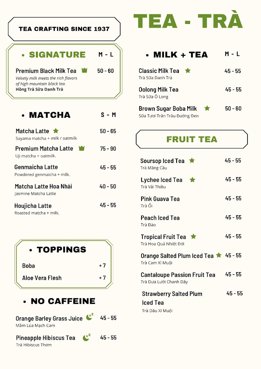 Danh Trà Coffee & Tea House menu board