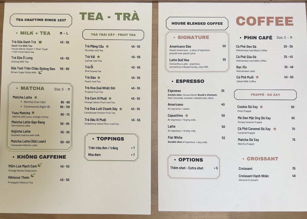 Danh Trà Coffee & Tea House menu board
