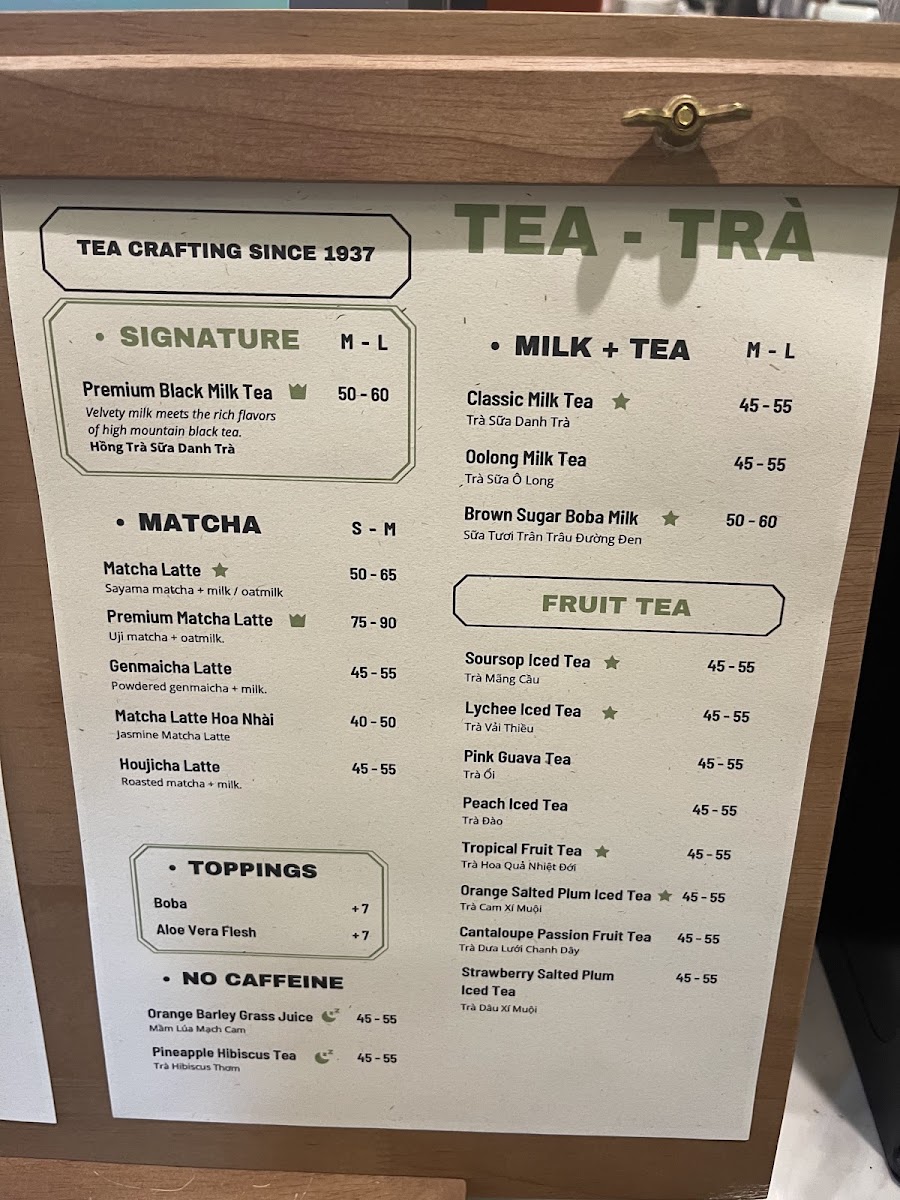 Danh Trà Coffee & Tea House menu board