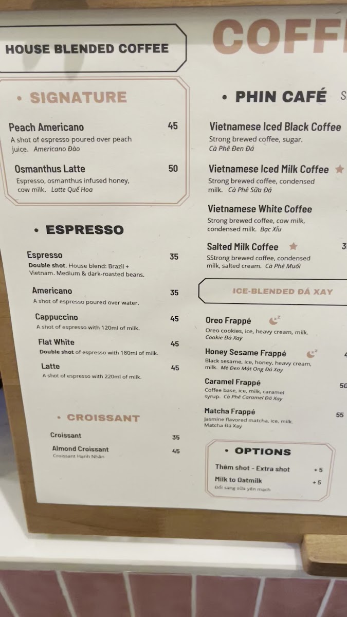 Danh Trà Coffee & Tea House menu board