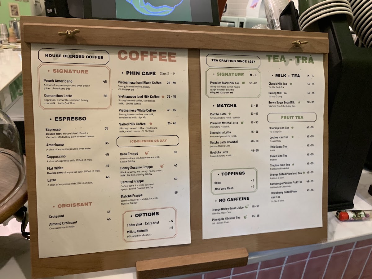 Danh Trà Coffee & Tea House menu board
