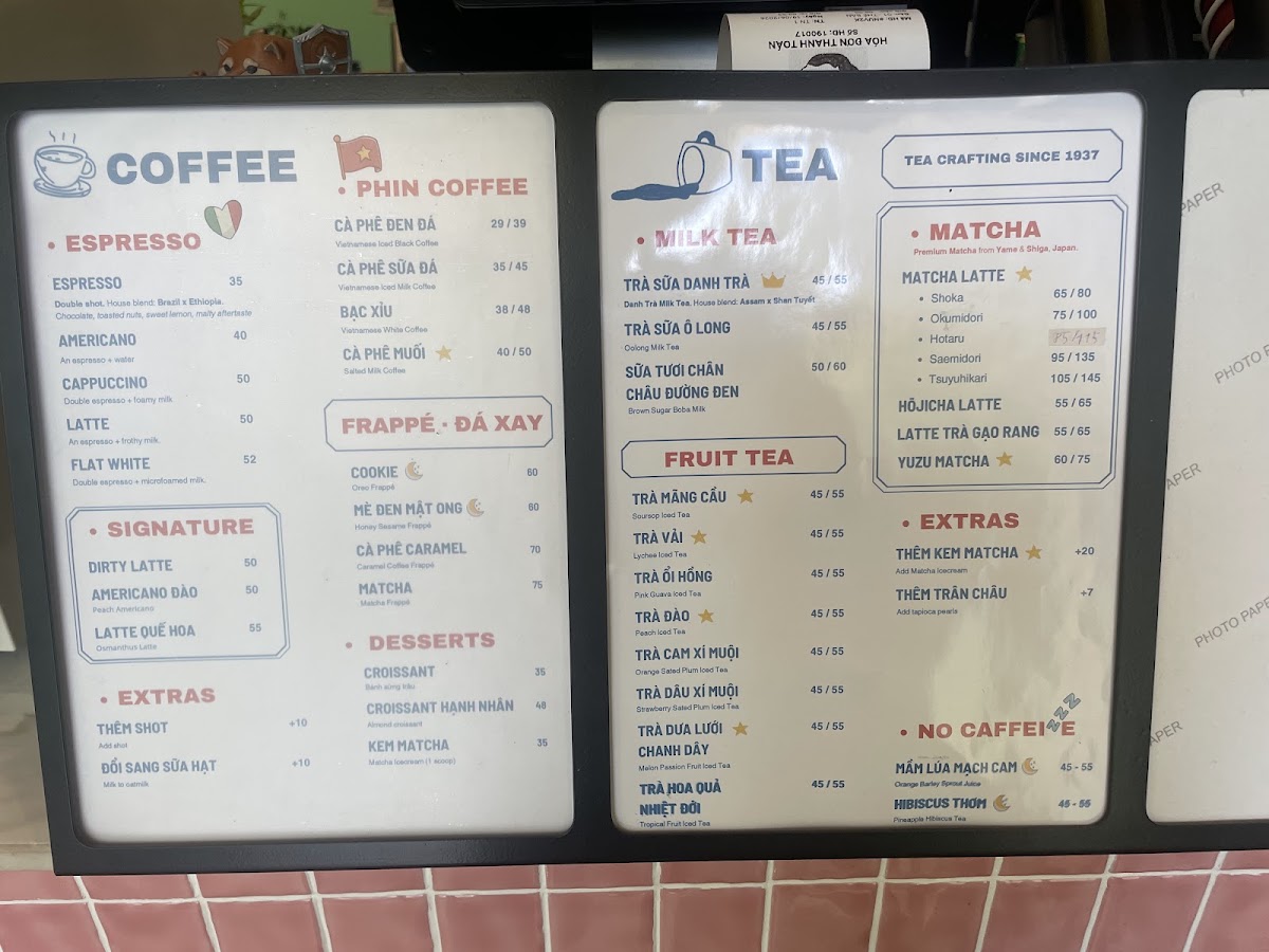 Danh Trà Coffee & Tea House menu board