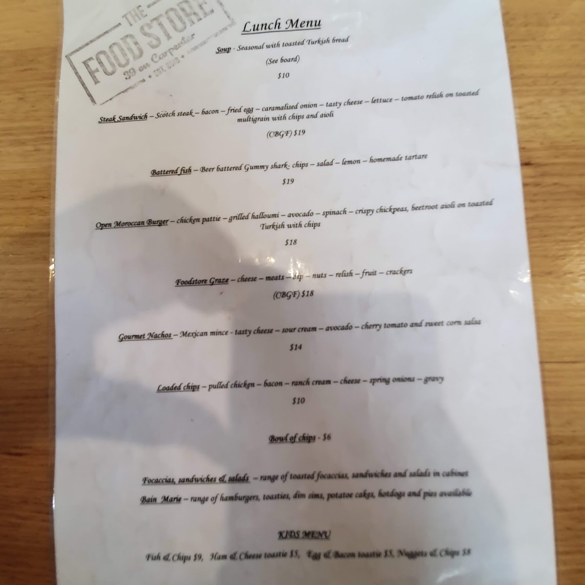 The Food Store menu board