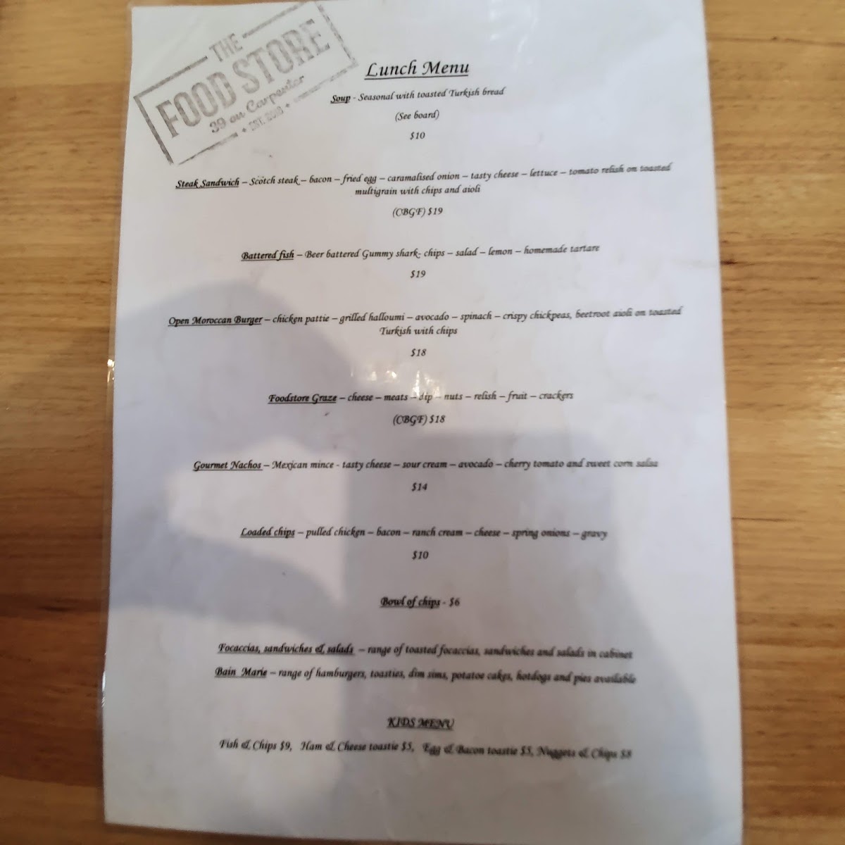 The Food Store menu board