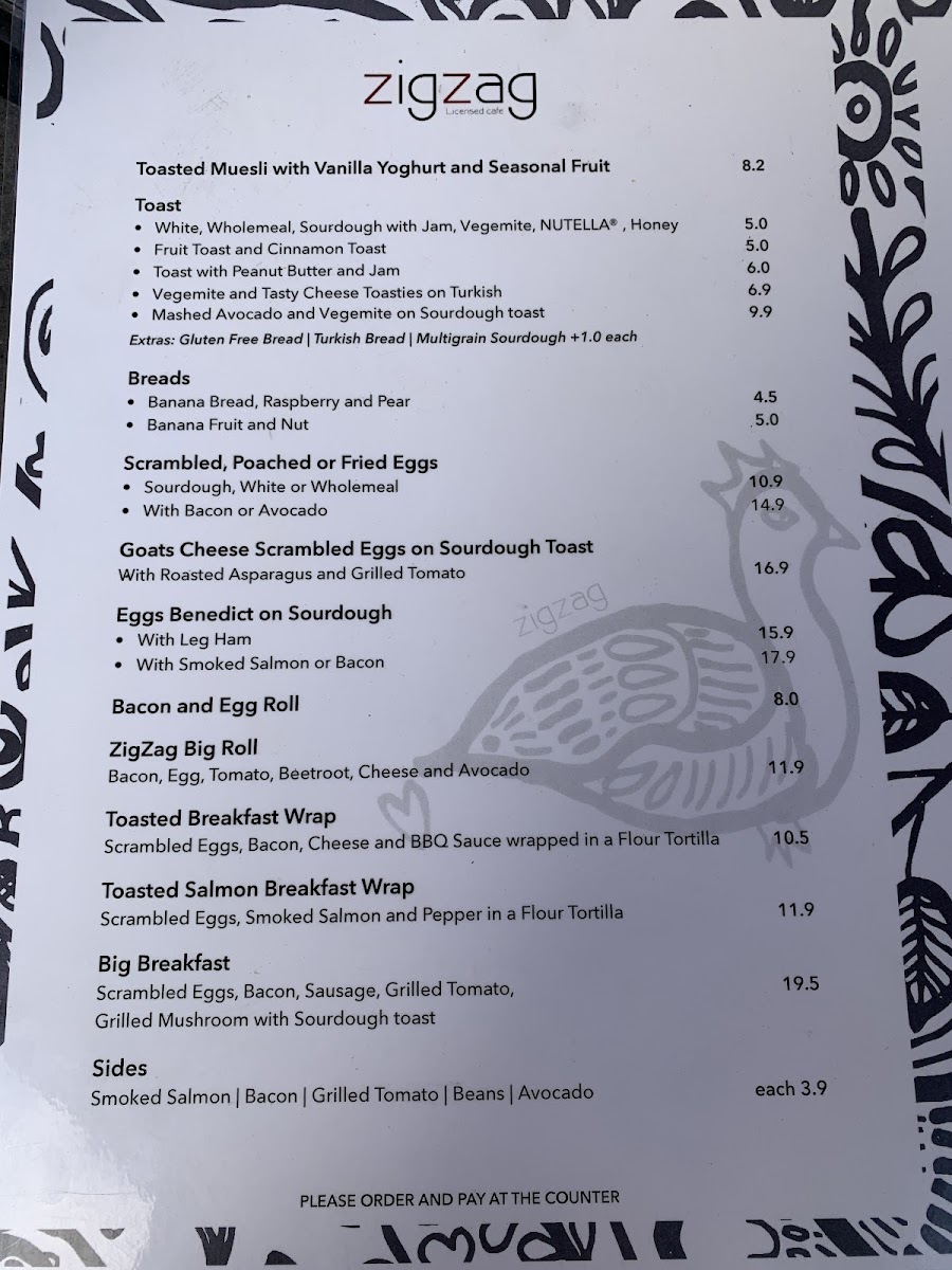 Zig Zag Licensed Cafe menu board