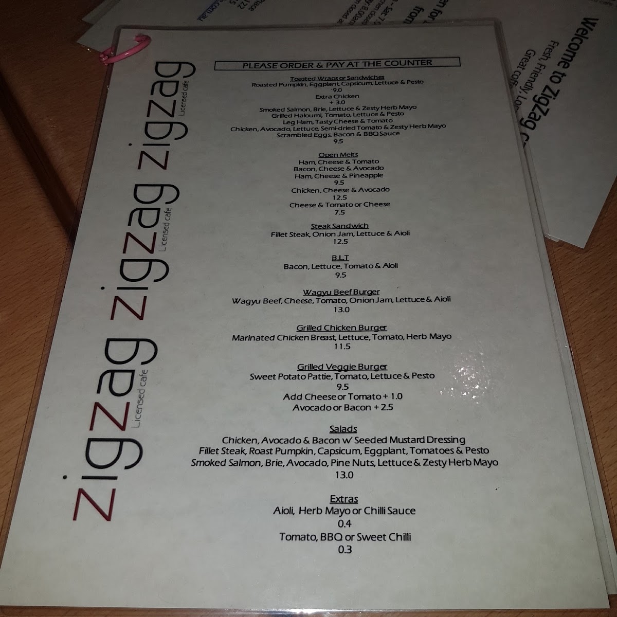 Zig Zag Licensed Cafe menu board