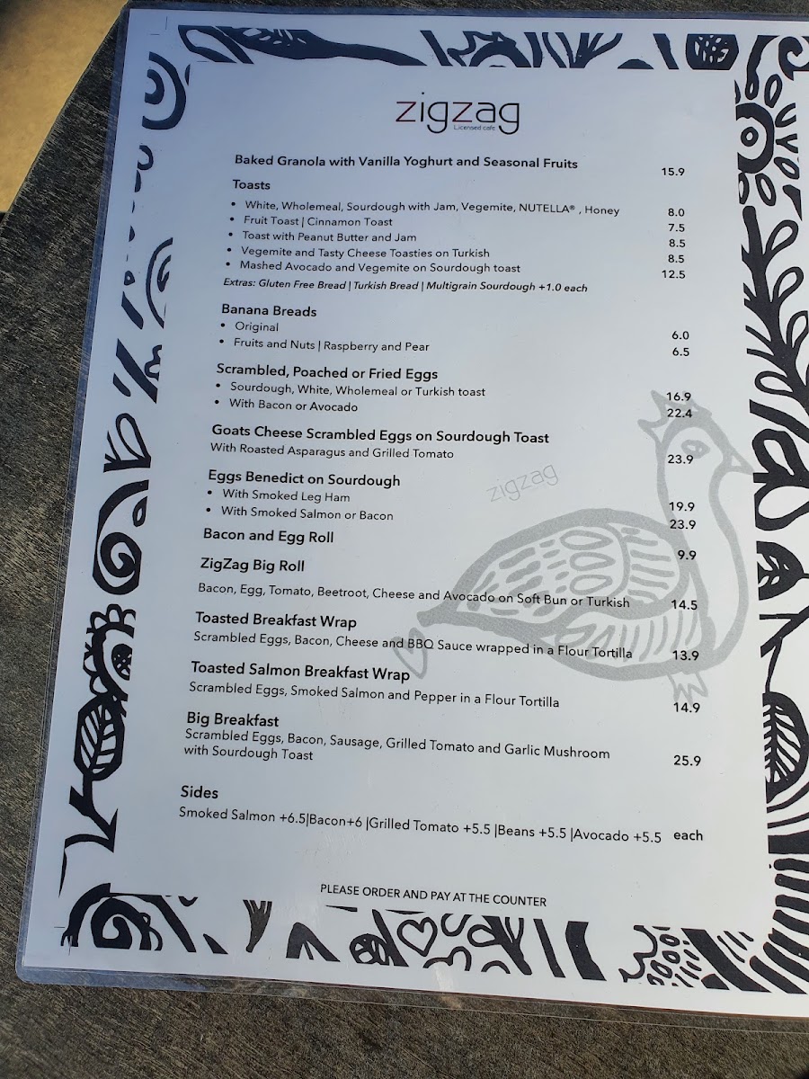 Zig Zag Licensed Cafe menu board