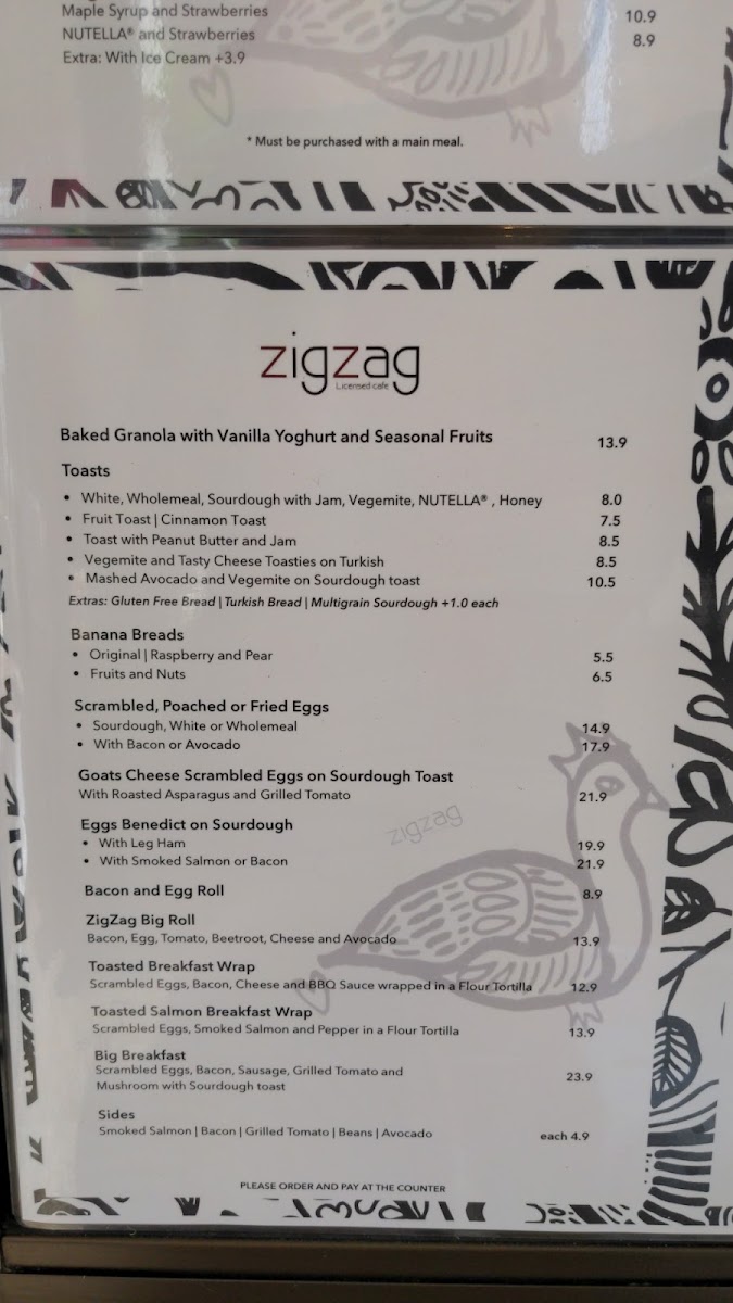 Zig Zag Licensed Cafe menu board