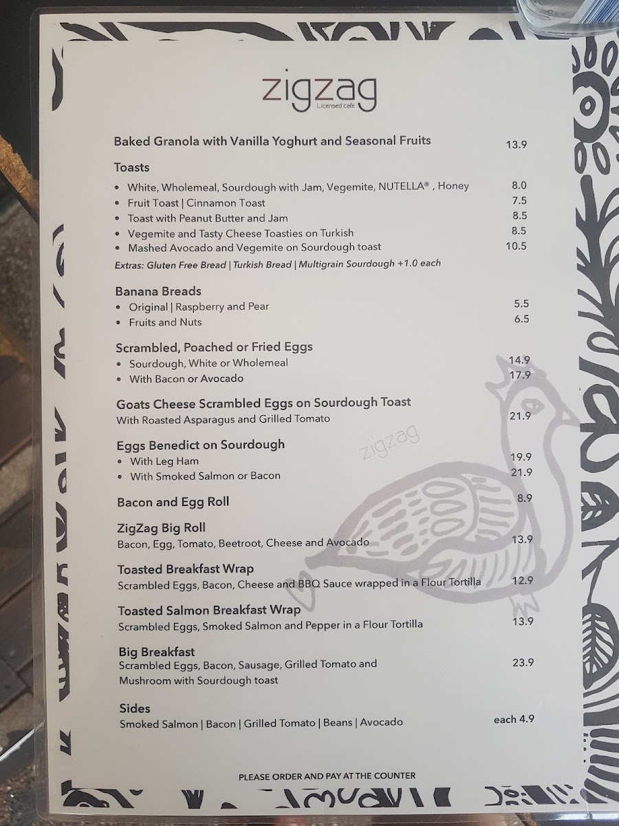 Zig Zag Licensed Cafe menu board
