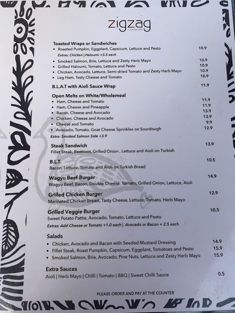 Zig Zag Licensed Cafe menu board