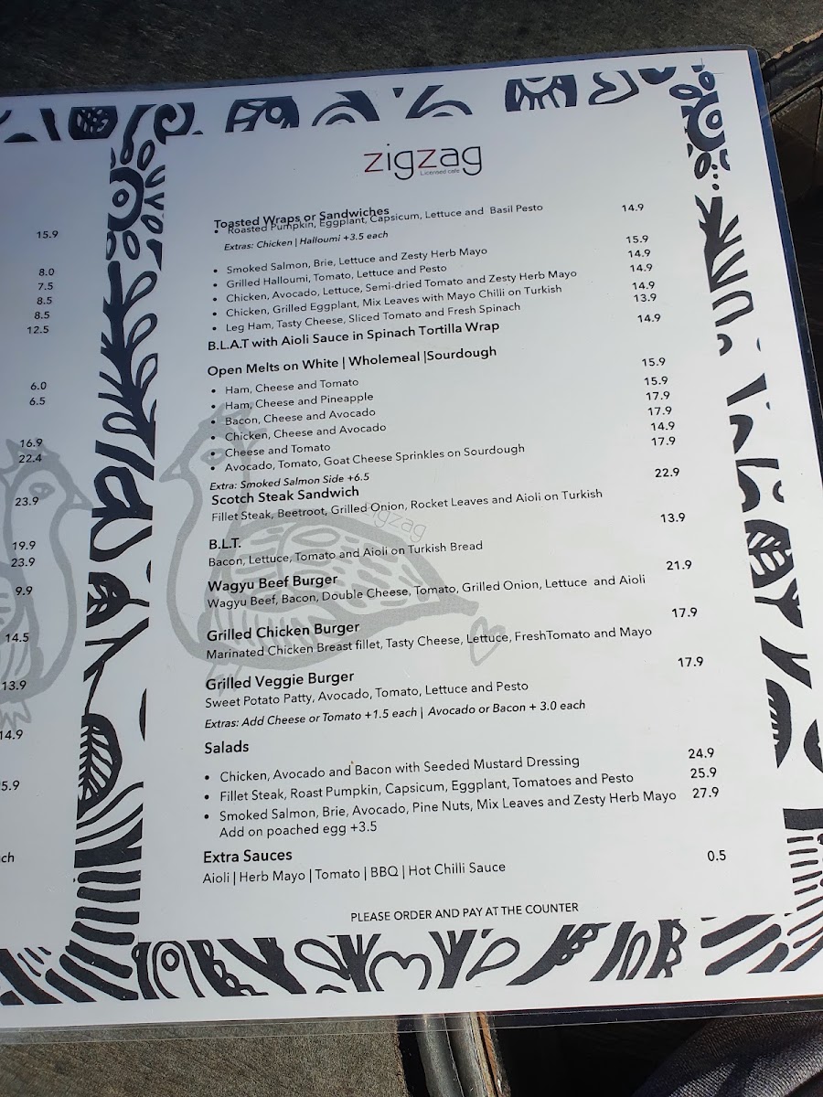 Zig Zag Licensed Cafe menu board