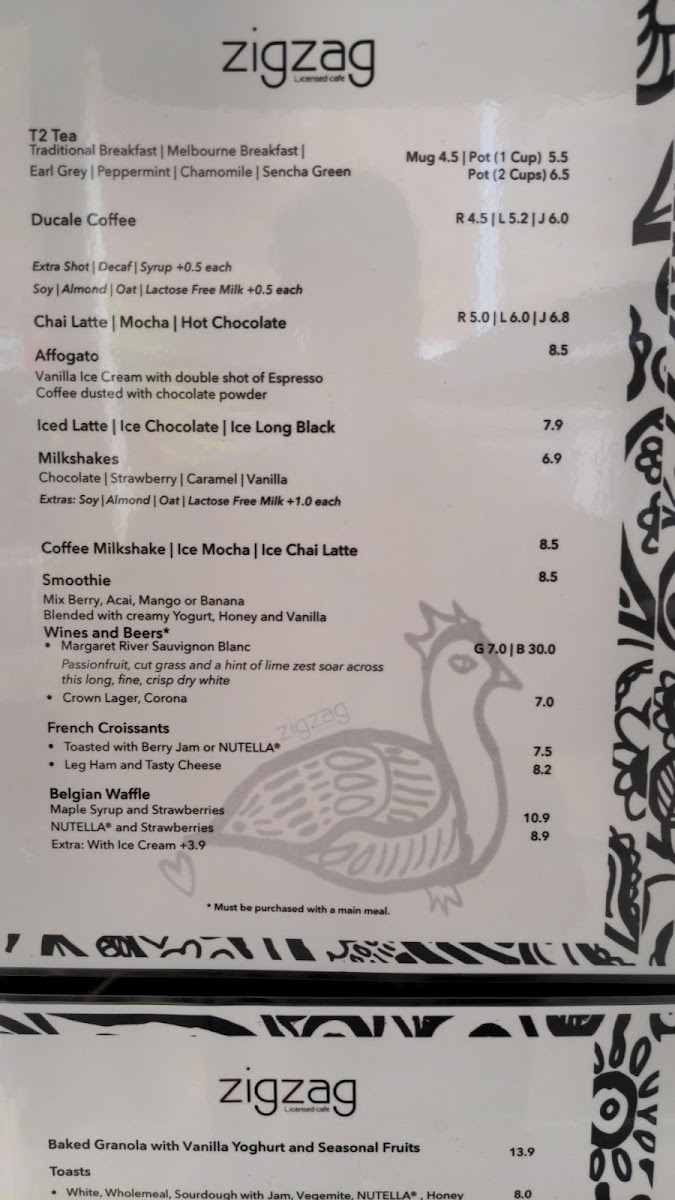 Zig Zag Licensed Cafe menu board