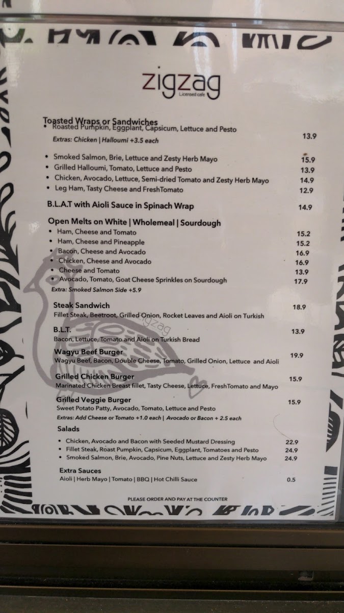 Zig Zag Licensed Cafe menu board