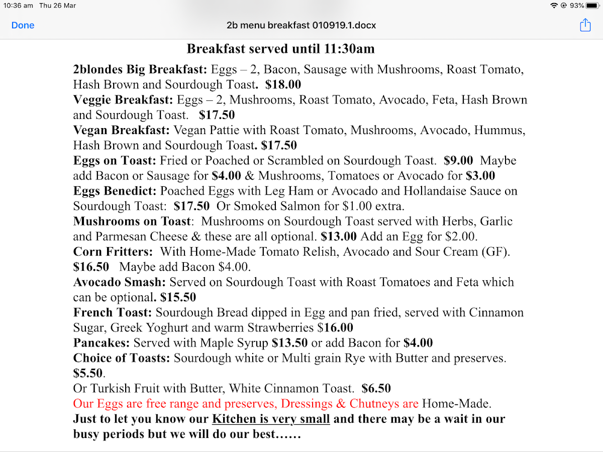 2 Blondes Cafe menu board